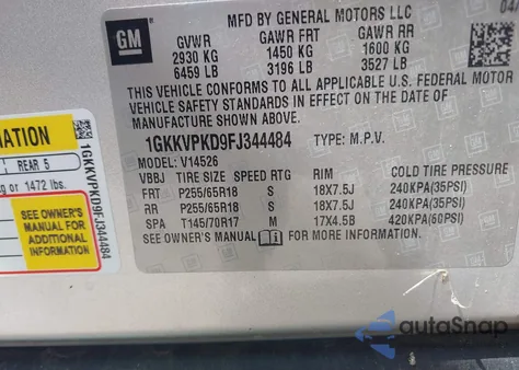 2015 GMC Acadia Sle-2 z USA, uszkodzony, nr VIN 1GKKVPKD9FJ344484